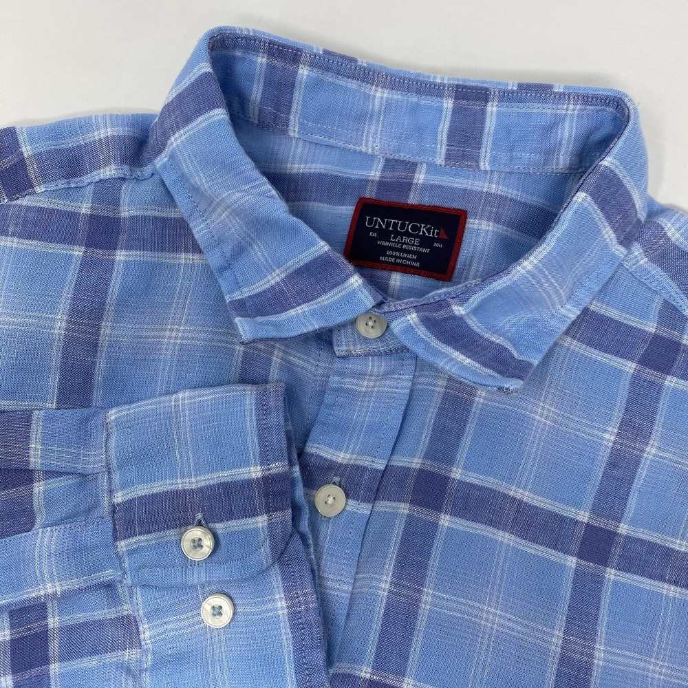 UNTUCKit Belmont WR Button Down Mens Large Blue Plaid 100% Linen Shirt 40877